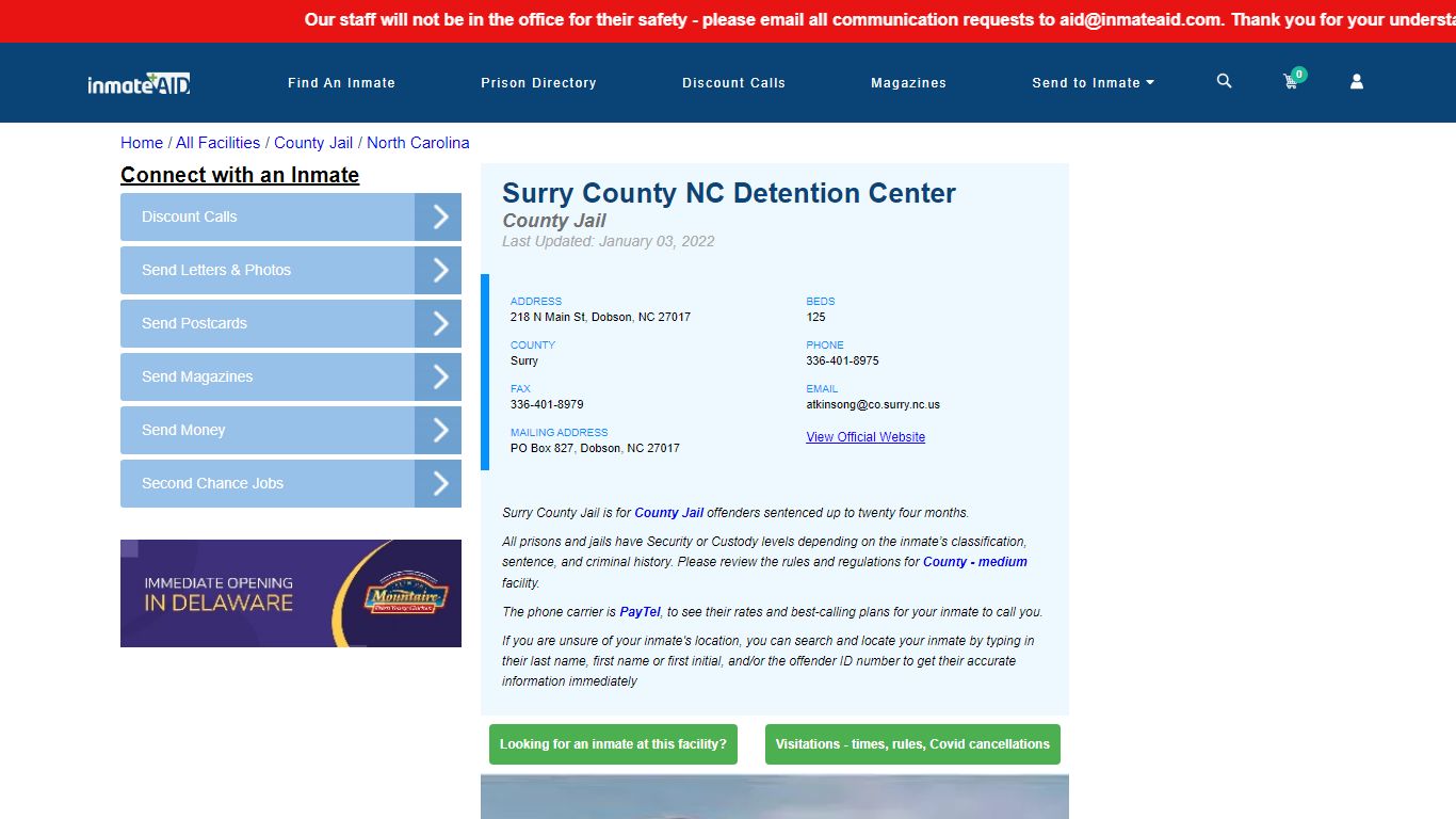 Surry County NC Detention Center - Inmate Locator - Dobson, NC